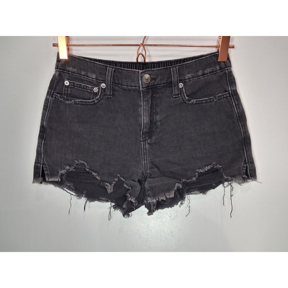 Aerie Womens XS Black Distressed Denim Shorts Elastic Back High Waist Cut Offs